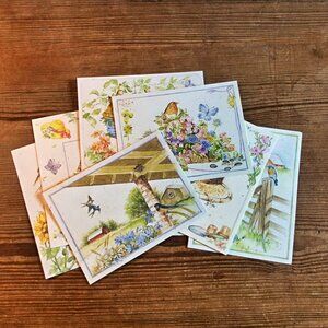 Set of 8 Blank Greeting Cards w/ Envelopes Birds Flowers Cottage Garden Art